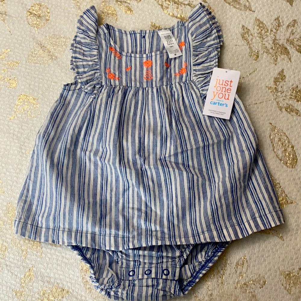 Adorable blue and white stipe baby romper dress